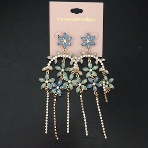 Dramatic Pave Crystal Blue Floral & Tassel Earrin
